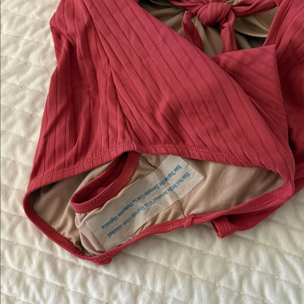 Kona Sol Pink-Red Ribbed One-Piece Swimsuit with Front Ring - Picture 3 of 3